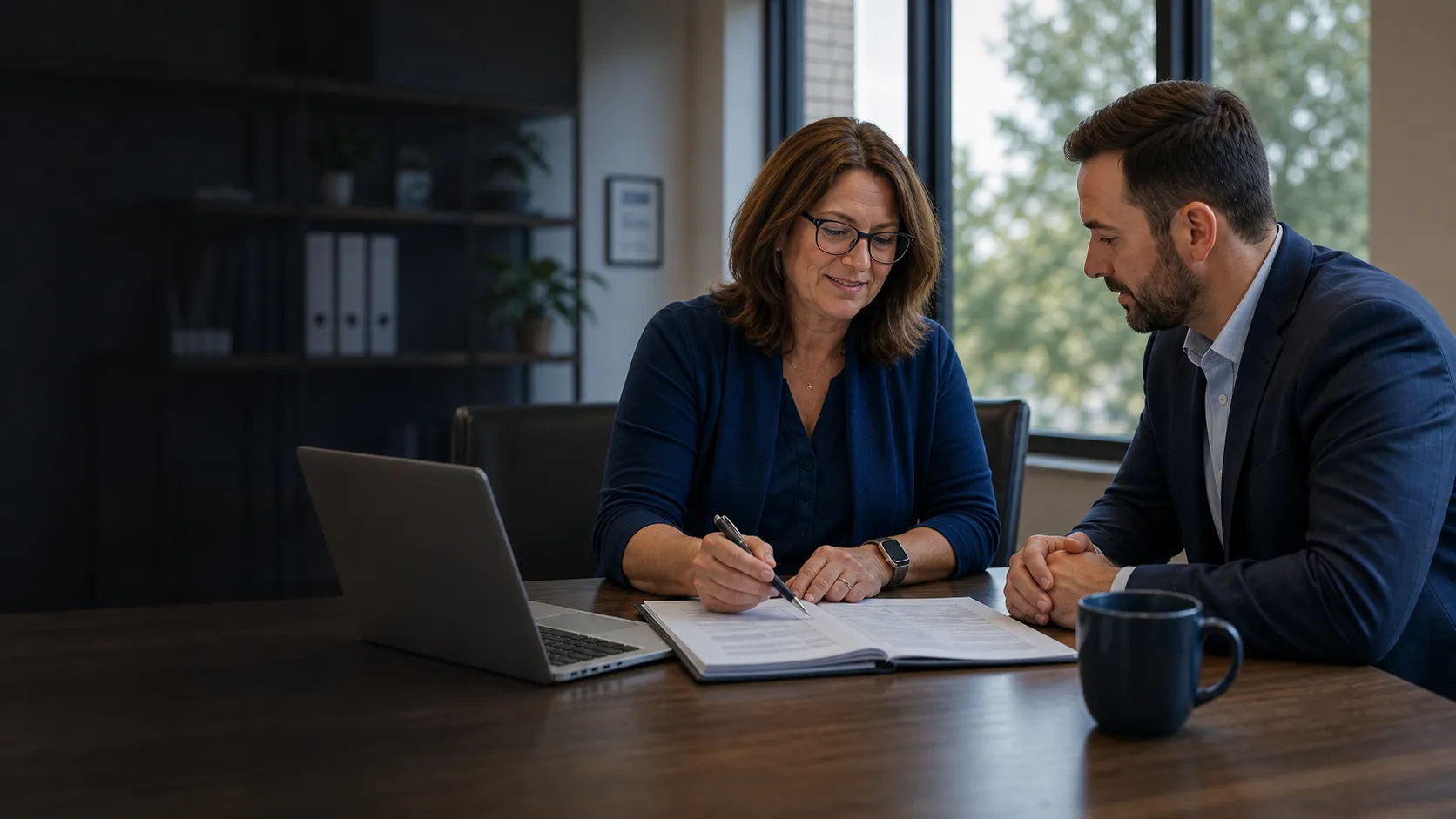 Two healthcare staffing professionals reviewing a facility staffing request